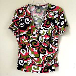 Y2K Evan Picone Multicolor Faux Wrap Retro Short Sleeve Babydoll Blouse SZ M